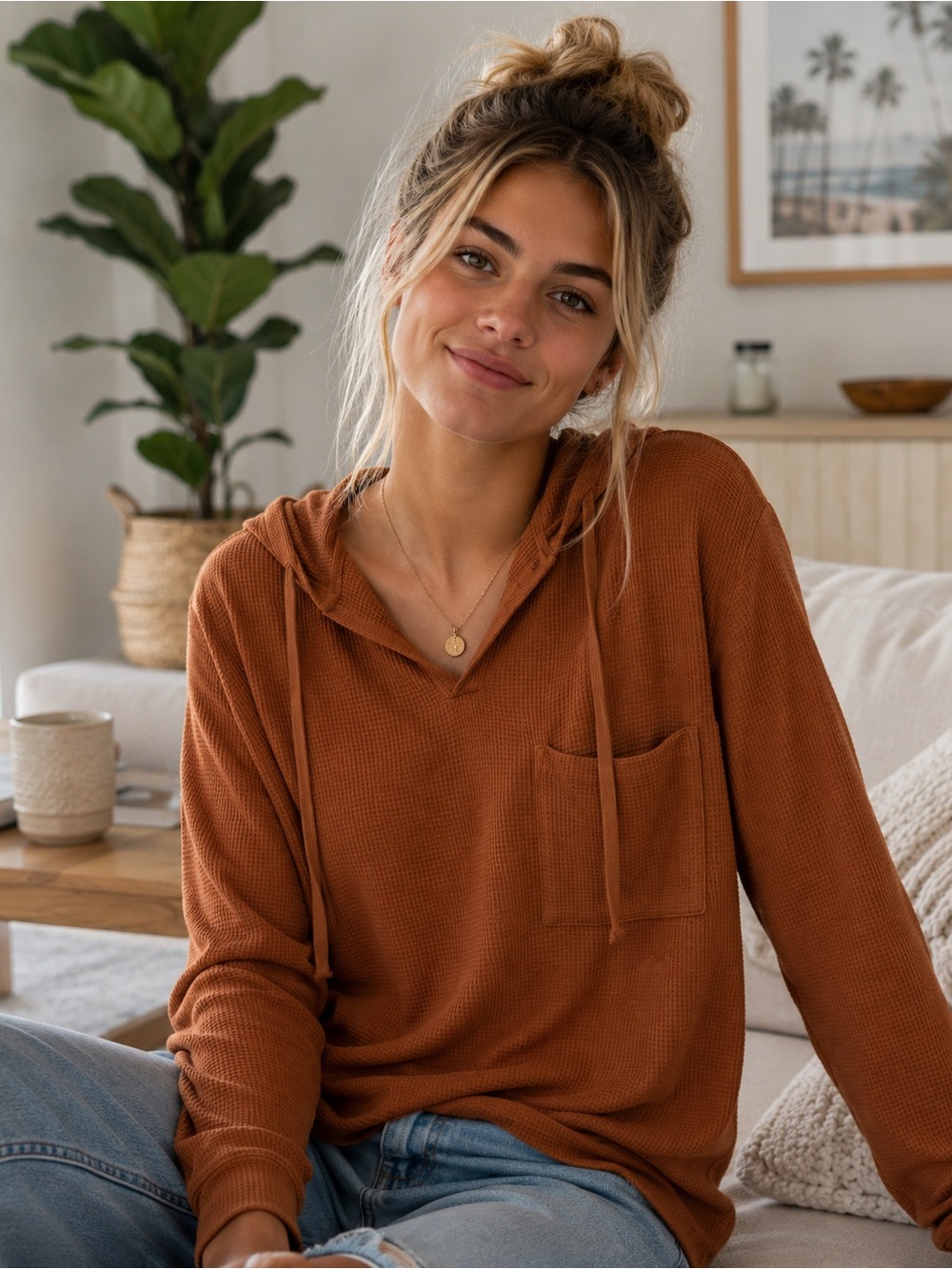 Waffle-Knit Hooded Pullover in Rust - Women